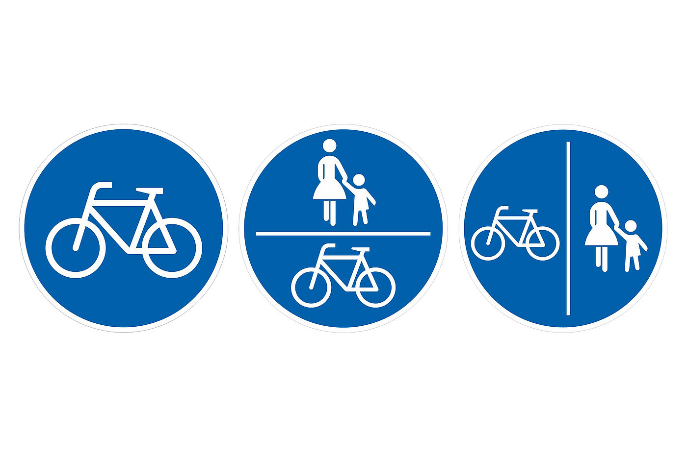 Von links: Zeichen 237 – Radweg  | Zeichen 240 – Gemeinsamer Geh- und Radweg | Zeichen 241 – Getrennter Rad- und Gehweg