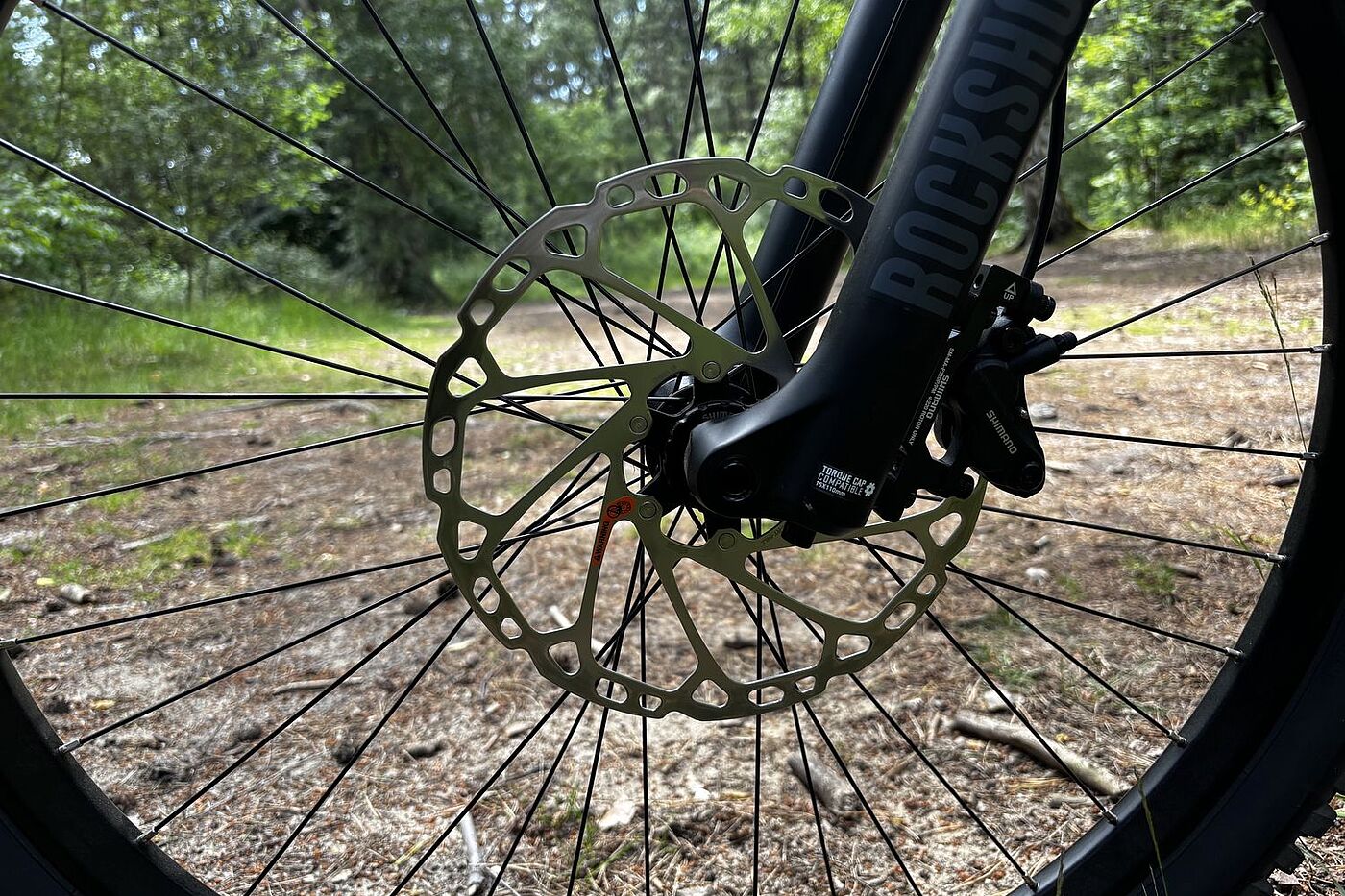 Bremsscheibe an einem MTB-Vorderrad. 